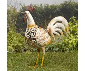 Garden Mile Lampe solaire LED, coq et poules, avec effet cuivre-bronze, silhouette en métal, sculptures d'animaux de jardin, éclairage LED, ornements de jardin époustouflants, décoration (poulets)