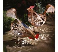 Garden Mile Lot de 2 sculptures d'animaux de jardin en métal effet bronze avec lumières LED à effet silhouette alimentées par énergie solaire Sculptures de poules pour jardin extérieur Résistantes à