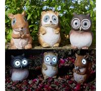 Garden Mile Lot de 3 lampes solaires de jardin ornementales en forme d'animal de la forêt - Hibou, hérisson et écureuil imperméables pour décoration de jardin, allée, patio, parterre de fleurs,