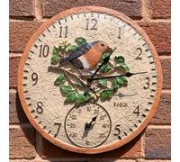 Garden Mile Robin Design Horloge d'extérieur et thermomètre pour jardin analogique 30 cm Thermomètre extérieur Horloge murale ronde pour jardin, cuisine, salon et terrasse