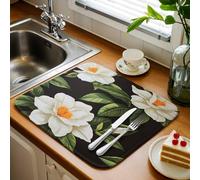 Gardenia Tapis de séchage pour comptoir de cuisine, motif fleurs d'été blanches, feuilles vertes, tapis de vaisselle vintage en microfibre absorbante, tapis égouttoir réversible, 1 tapis de séchage