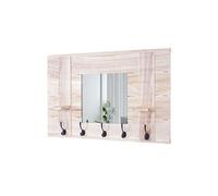 Garderobe murale HWC-C89 avec miroir vintage 5 crochets 90x60cm brun naturel