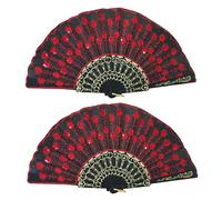 Garneck Éventail Pliant Ventilateur Portatif Artisanal en Pe 2pcs Rouge à Broderie Pailletée Accessoire Unique pour Danse et Décoration Photo