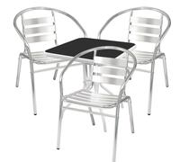 Garniture de bistrot 4 pièces métal blanc plateau en verre noir 3 chaises de bistrot