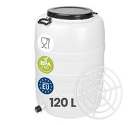 Garronda Fût Alimentaire 120L Plastique HDPE Tonneau Baril pour Eau GD-0187 | Bidon avec Robinet, Grille de Presse, Grande Ouverture, Couvercle, Stockage et Fermentation Recupérateur d'Eau de Pluie Blanc