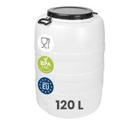 Garronda Fût Alimentaire 120L Plastique HDPE Tonneau Baril pour Eau GD-0187 | Bidon Plastique, Grande Ouverture, avec Couvercle, pour Aliments Stockage et Fermentation Recupérateur d'Eau de Pluie, Blanc