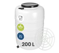 Garronda Fût Alimentaire 200 L avec Robinet et Grille Plastique Tonneau HDPE de Stockage et Fermentation Blanc GD-0187