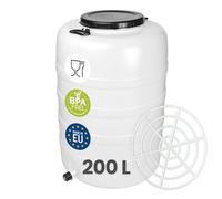 Garronda Fût Alimentaire 200L Plastique HDPE Tonneau Baril pour Eau GD-0187 | Bidon avec Robinet, Grille de Presse, Grande Ouverture, Couvercle, Stockage et Fermentation Recupérateur d'Eau de Pluie Blanc