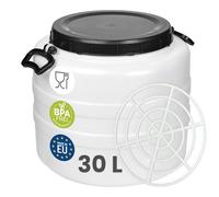 Garronda Fût Alimentaire 30 L Grille de Presse Plastique HDPE Tonneau Baril Grande Ouverture pour Eau, Stockage et Fermentation Recupérateur d Eau de Pluie GD-0187 Blanc