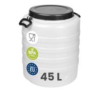 Garronda Fût Alimentaire 45 L Plastique HDPE Tonneau Baril Grande Ouverture pour Eau, Stockage et Fermentation Recupérateur d Eau de Pluie GD-0187 Blanc