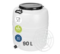 Garronda Fût Alimentaire 90L Plastique HDPE Tonneau Baril pour Eau GD-0187 | Bidon avec Robinet, Grille de Presse, Grande Ouverture, Couvercle, Stockage et Fermentation Recupérateur d'Eau de Pluie Blanc