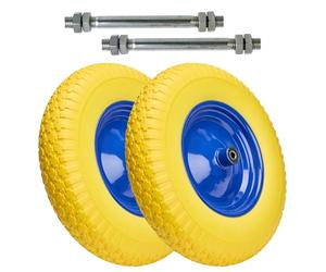 Garronda Roue pleine PU 4.80/4.00-8 Ø390x95mm, avec axe, doubles roulements, increvable, jante acier, Lot de 2, rechange brouette/chariot, GD-0165, Jaune-Bleu