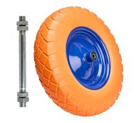 Garronda Roue pleine PU 4.80/4.00-8 avec axe, Ø 390×95 mm, increvable, jante acier peinte, doubles roulements, moyeu 97 mm alésage 12 mm - rechange pour brouette et chariot GD-0165, Orange-Bleu