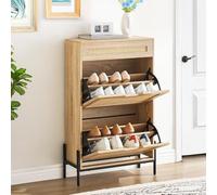 Garvee Armoire à Chaussures avec 2 Tiroirs Rabattables, Meuble à Chaussures Étroite en Rotin avec 1 Tiroir, Étagères Réglables pour Entrée, Couloir, Salon 61x24x102 Cm