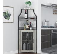 Garvee Armoire à vin d'angle en Bois avec 2 Supports en Verre, Armoire Bar d'angle avec Portes en Maille métallique et 4 étages - avec Plan de Travail - Meuble de Bar pour entrée, Salon, Cuisine