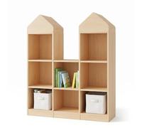 Garvee Bibliothèque Enfant en Forme De Château, 90 x 30 x 90 cm | 9 Casiers avec 2 Bacs en Tissu, Étagère Montessori Rangement Livres et Jouets, Meuble pour Chambre d'Enfant, MDF Bois Naturel