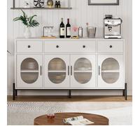 Garvee Buffet 157cm bois, 3 tiroirs, 4 portes vitrées rainurées, grand rangement cuisine salon vaisselier bar - Blanc