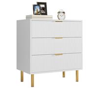 Garvee Commode 3 Tiroirs, Design Moderne Scandinave, Bois Naturel avec Poignées Dorées, Pieds en Métal, Meuble De Rangement Spacieux pour Chambre, Salon, Entrée, Blanc