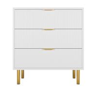 Garvee Commode 3 Tiroirs, Design Moderne Scandinave, Bois Naturel avec Poignées Dorées, Pieds en Métal, Meuble De Rangement Spacieux pour Chambre, Salon, Entrée, Blanc