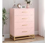 Garvee Commode à 4 Tiroirs pour Chambre, Commodes Modernes avec Tiroirs Larges et Poignées Métalliques, Commodes en Bois 61x40x93 cm (Rose)