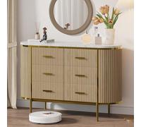 Garvee Commode Moderne 6 Tiroirs avec Canelures, Meuble de Rangement en Bois avec Plateau Effet Marbre, Finitions Dorées, pour Chambre, Vestiaire ou Meuble TV, 120 cm, Chêne