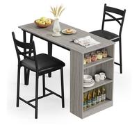 Garvee Ensemble table de bar extensible (3 p.) : table, 2 chaises conf., étagères, gain de place. pour 2-4 personnes - Gris.