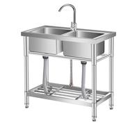 Garvee Évier utilitaire double bac inox sur pieds - Robinet eau chaude/froide - Étagère rangement - Usage professionnel cuisine, buanderie, garage, extraérieur - Argenté, 33 * 18 * 30in