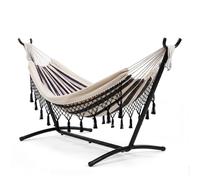 Garvee Hamac Double bohème pour 2 Personnes avec Support Acier, capacité 204 kg, Montage Facile, Coton Franges Noires, Portable avec Sac, intérieur/extensionérieur, Gris rayé 9FT