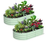 Garvee Lot De 2 Bacs à Fleurs Surélevés Ovales en Acier Galvanisé - Montage sans Outil - Grand Capacité, Base Ouverte - Idéal Potager, Fleurs, Herbes - Drainage Optimalisé, Vert Olive
