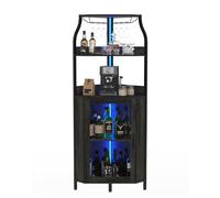 Garvee Meuble Bar Moderne en MDF courbé avec 4 étagères - Porte vitrée et éclairage LED - Porte-Bouteilles intégré - Armoire à vin indépendante pour Salon ou Salle à Manger - Facile à Nettoyer - Noir