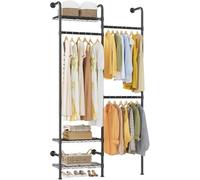 Garvee Penderie Murale Industriel, Métal, Noir, 120x30x225 cm | Portant à Vêtements Télescopique, Penderie Ouverte avec Étagère Ajustable