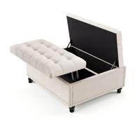 Garvee Pouf De Rangement Carré 91 cm, Banc Coffre avec Couvercle Relevable, Revêtement Capitonné Et Pieds en Bois, Ottoman De Rangement 170 l, Charge 136 kg, pour Salon, Chambre Et Entrée