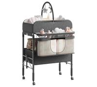 Garvee Table à Langer Pliable Bébé Avec 2 Tiroirs, Hauteur Réglable, Matelas Imperméable, Rangement Nurserie, Tringle à Vêtements Et 4 Roulettes Verrouillables, Gris Foncé