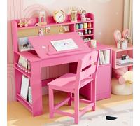 Garvee Table avec Chaise pour Enfant Ensemble 2 Pièces, Bureau d'étude avec Étagère et Plateau Inclinable, Table en Bois pour Enfants 3 à 8 Ans, Rose