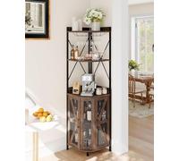 GarveeHome Buffet Bar à vin d’Angle 5 Niveaux avec éclairage LED RGB, étagères réglables, Porte-Verres, Prise intégrée - Rangement 12 Bouteilles, métal et Bois, idéal Salle à Manger