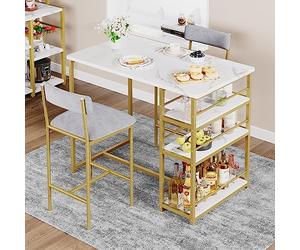 GarveeHome Design Compact - Ensemble Table Haute de Cuisine 3 pièces avec étagères - 2 chaises rembourrées Velours - pour Petit Espace, Appartement -Golden Marble + Doux Gray, 1+2 Set
