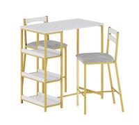 GarveeHome Ensemble Salle à Manger 3 pièces Compact - Table Bar Effet marbre Blanc, 3 étagères - 2 chaises rembourrées PU - Gain de Place, Cuisine, Appartement - PU, marbre Blanc & Or