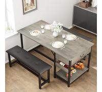 GarveeHome Ensemble Salle à Manger pour 4 Personnes - Table et 2 bancs rembourrés - Tiroirs de Rangement et Porte-Bouteilles - Idéal Petite Cuisine - Gris - Grey
