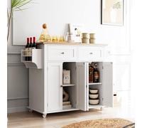 GarveeHome Îlot de Cuisine Roulant Polyvalent - Plateau en Bois Massif, tiroir, Armoire de Rangement, étagère à épices, Porte-Serviettes - Table auxiliaire Mobile - Coloris Blanc