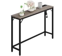 GarveeHome Table console étroite avec prise et port USB 100 x 23 x 80 cm - Table d'appoint, de couloir et de canapé, style vintage, marron noir, design industriel pour salon, foyer et entrée