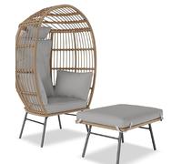 GarveeLife Fauteuil œuf Rotin Tressé Surdimensionné avec Ottoman Gris | Résistant UV et intempéries, coussin lavable, montage sans outil, structure antidérapante, confort moelleux, design moderne