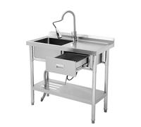 GarveeMore 99x50 cm Évier de Cuisine Professionnel Inox avec tiroir droit | Plan de Travail sur Pieds, avec Robinet Mélangeur & Étagère, Table de Lavage pour Restaurant, Buanderie, Garage