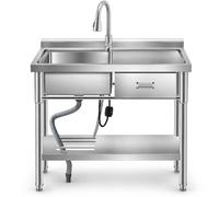 GarveeMore 99x50 cm Évier de Cuisine Professionnel Inox avec tiroir droit | Plan de Travail sur Pieds, avec Robinet Mélangeur & Étagère, Table de Lavage pour Restaurant, Buanderie, Garage
