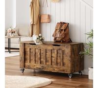 GarveeMore Banc à Chaussures d’entrée avec Coffre de Rangement 100 cm, Bois Style rétro, Assise, 4 roulettes Dont 2 verrouillables, pour entrée/Salon/Chambre - Couleur rétro