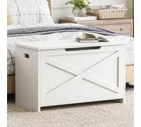 GarveeMore Banc Coffre de Rangement d’entrée 30" en Bois avec Assise - Style Farmhouse Vintage - Couvercle relevable, charnières de sécurité - Imposant capacité (Chaussures/Jouets/Plaids) - Blanc Mat