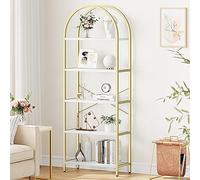 GarveeMore Bibliothèque arche 5 niveaux dorée marbre blanc | Cadre métallique doré, plateau effet marbre blanc, rangement moderne pour salon, bureau et chambre.