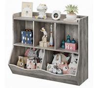 GarveeMore Bibliothèque Enfant & Rangement Jouets en Bois - Étagère 2 Niveaux 5 Compartiments avec casiers - 36 x 29 x 80 cm, pour Chambre/nurserie/crèche - Couleur Gris