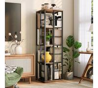 GarveeMore Bibliothèque rotative 360° 4 Niveaux 137 cm, étagère d’Angle Colonne étroite Gain de Place - Tour de Rangement Verticale, Cadre métal Style Industriel, Design Anti-Chute - Marron