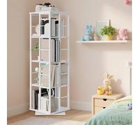 GarveeMore Bibliothèque rotative 360° 4 Niveaux 137 cm, étagère d’Angle Colonne étroite Gain de Place - Tour de Rangement Verticale, Cadre métal Style Industriel, Design Anti-Chute - Blanc