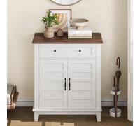 GarveeMore Buffet bahut Style Farmhouse en MDF - Portes à Lames, Grand tiroir, étagère réglable 3 Niveaux - Meuble de Rangement Cuisine/Salle à Manger/entrée - Marron & Blanc Color Block